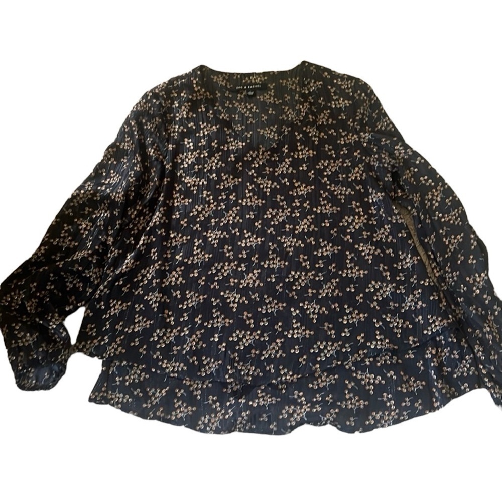Zac & Rachel Black Floral Metallic Sparkle V-Neck Tiered Blouse Small